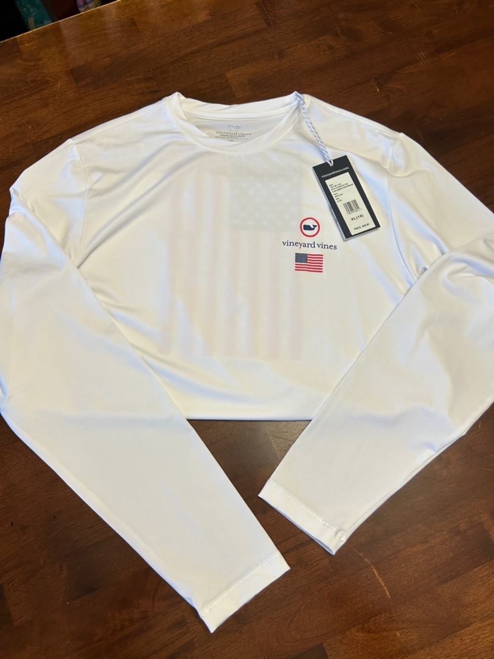 Vineyard Vines White Long-Sleeve Performance Tee with Flag Logo